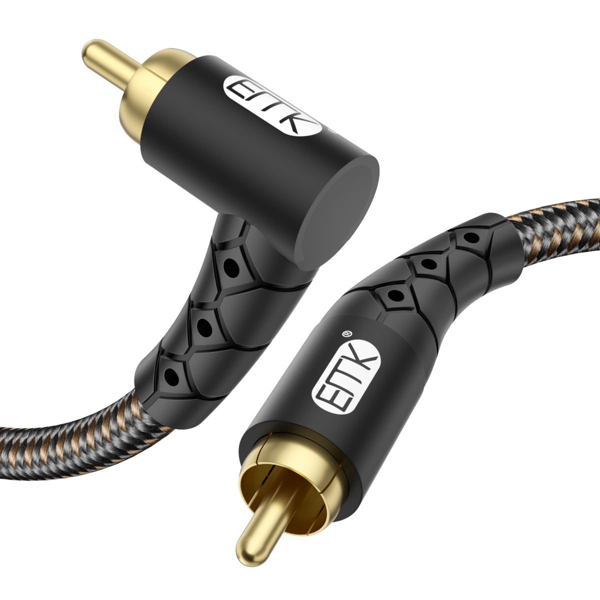 90 Degree RCA Subwoofer Cable 24K Gold-Plated Nylon Braided Double Shielded Black 10ft S25130
