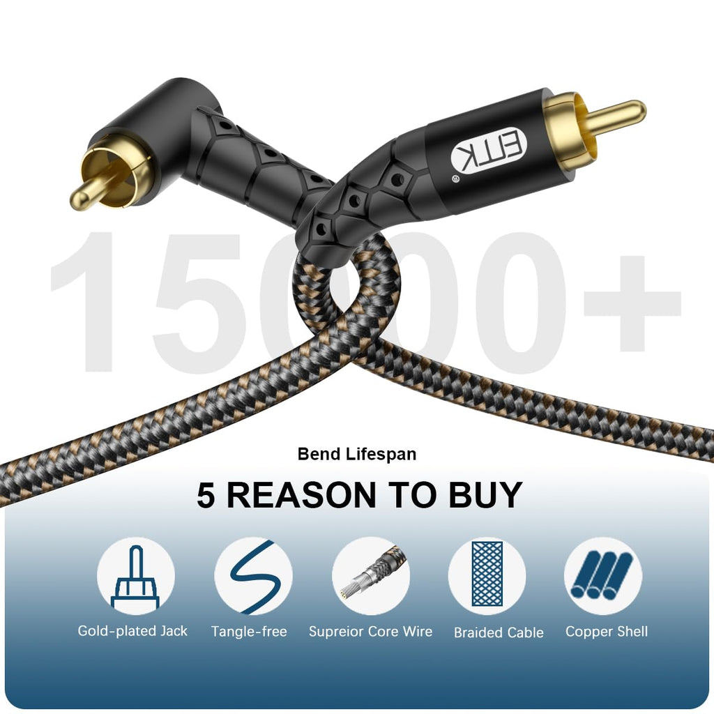 90 Degree RCA Subwoofer Cable 24K Gold-Plated Nylon Braided Double Shielded Black 10ft S25130