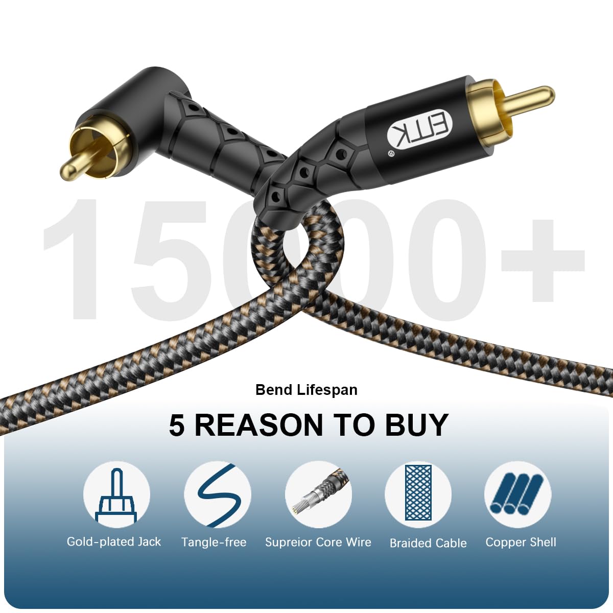 90 Degree RCA Subwoofer Cable 24K Gold-Plated Nylon Braided Double Shielded Black 10ft S25130