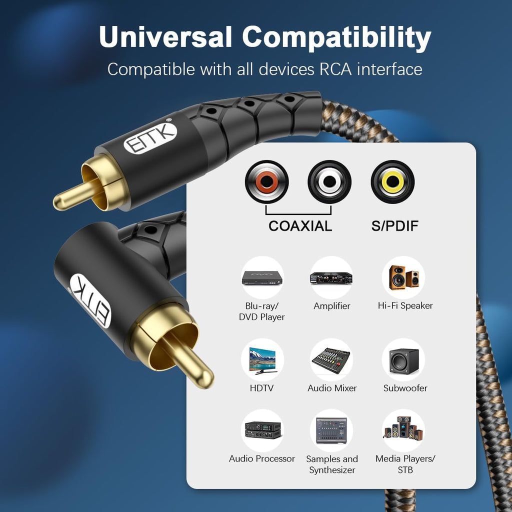 90 Degree RCA Subwoofer Cable 24K Gold-Plated Nylon Braided Double Shielded Black 10ft S25130