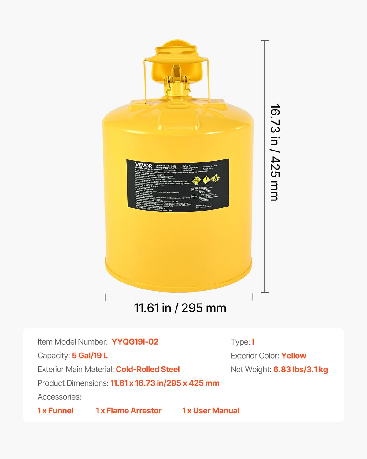 5 Gallon Type I Yellow Metal Container with Flame Arrester N198072