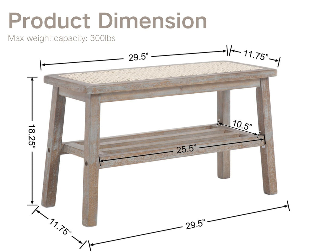 30 Inch Rattan Wooden Entryway Bench with Shoe Rack B75262