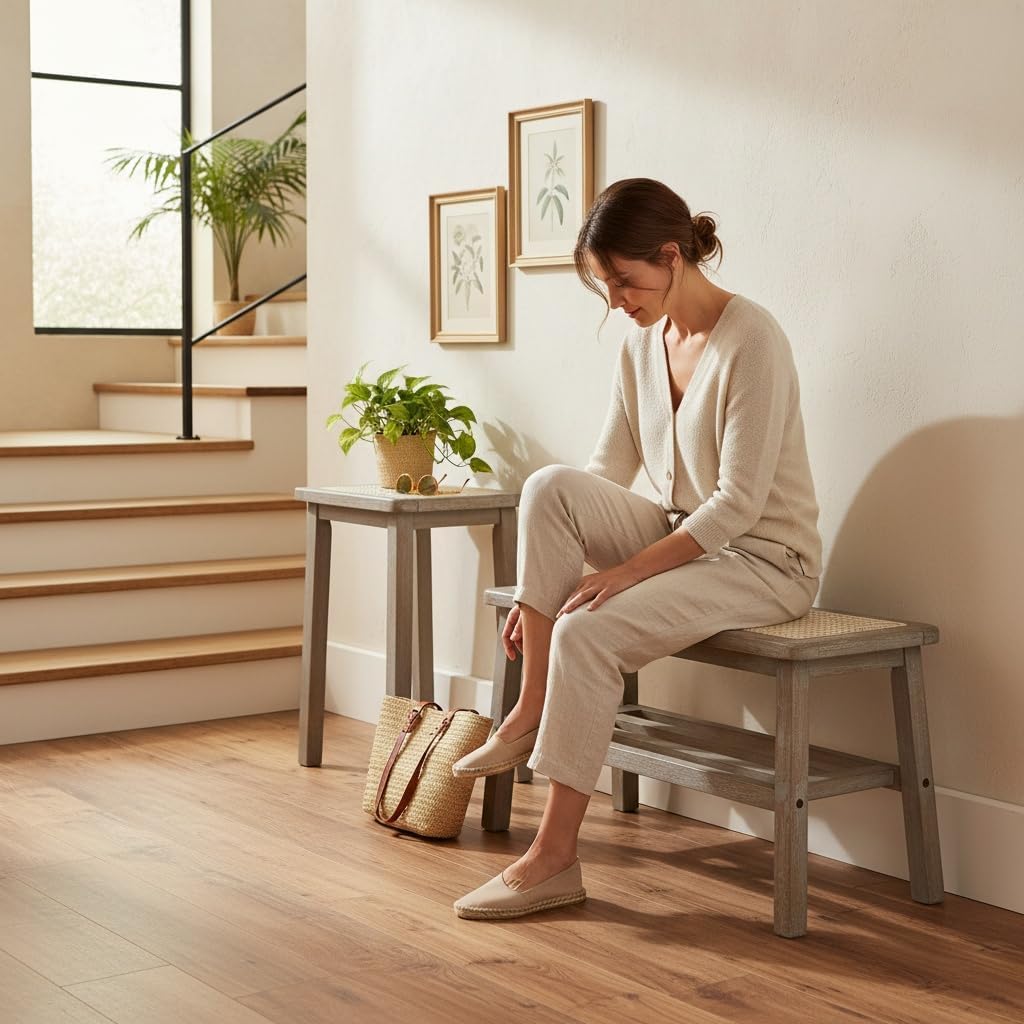 30 Inch Rattan Wooden Entryway Bench with Shoe Rack B75262