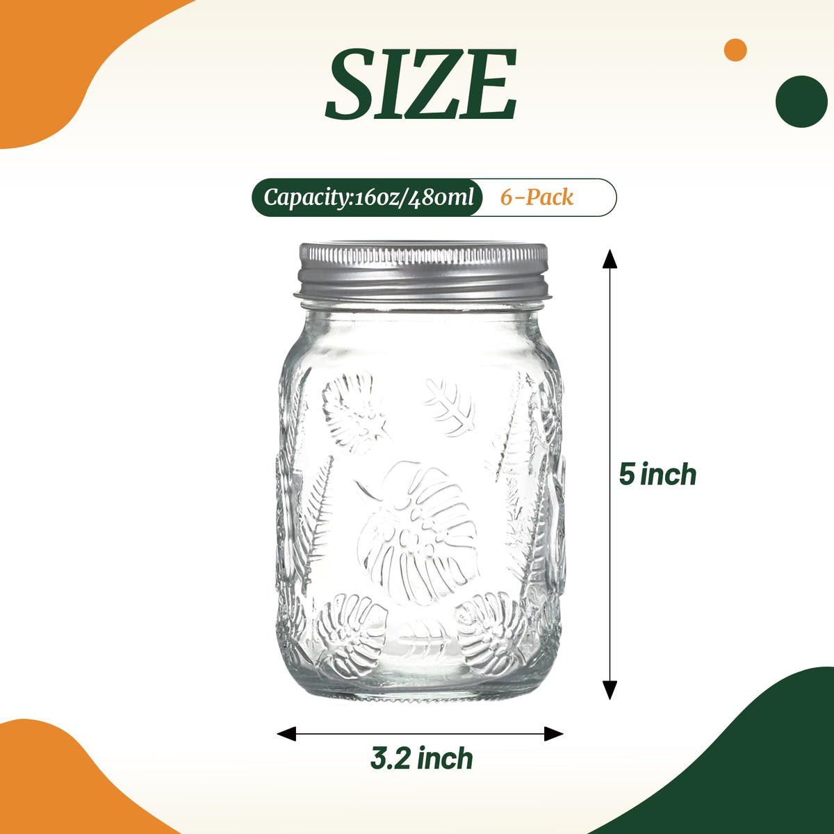 6-Pack Glass Mason Jars 16 oz Wide Mouth Canning Jars A388660