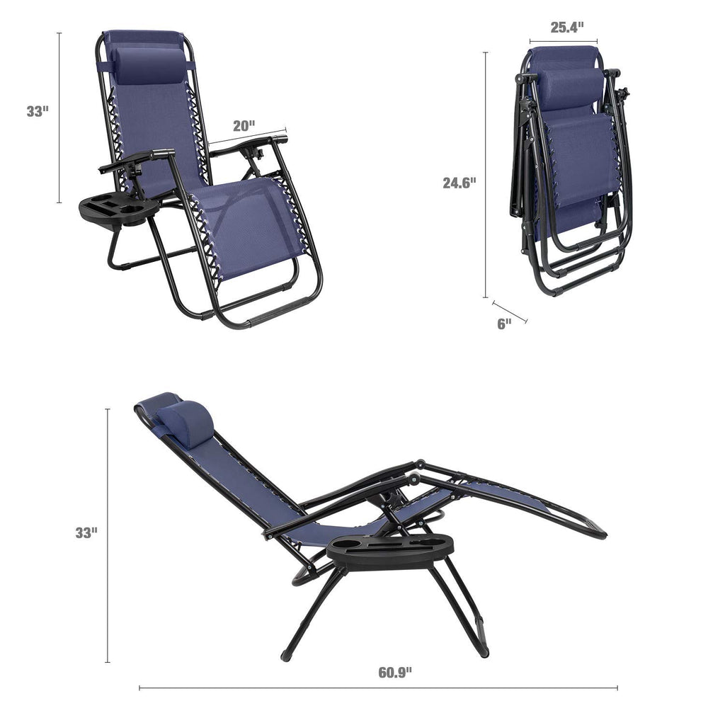 Blue Zero Gravity Folding Lounge Chairs Set of 2 with Cup Holder M3950