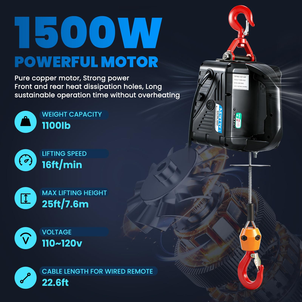 3-in-1 Electric Hoist Winch 1,100lbs 25ft Lifting Height P20670