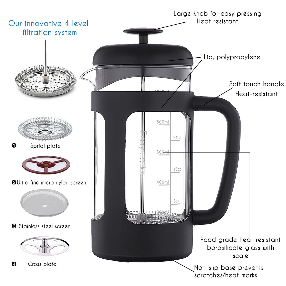 34 oz French Press Coffee Tea Maker with 10g Measuring Spoon M49102
