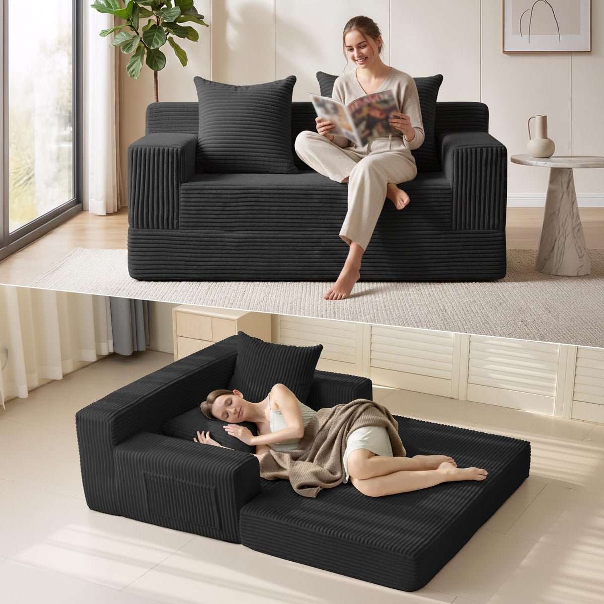 Convertible Folding Floor Futon Sleeper Sofa Bed with 2 Pillows M2057