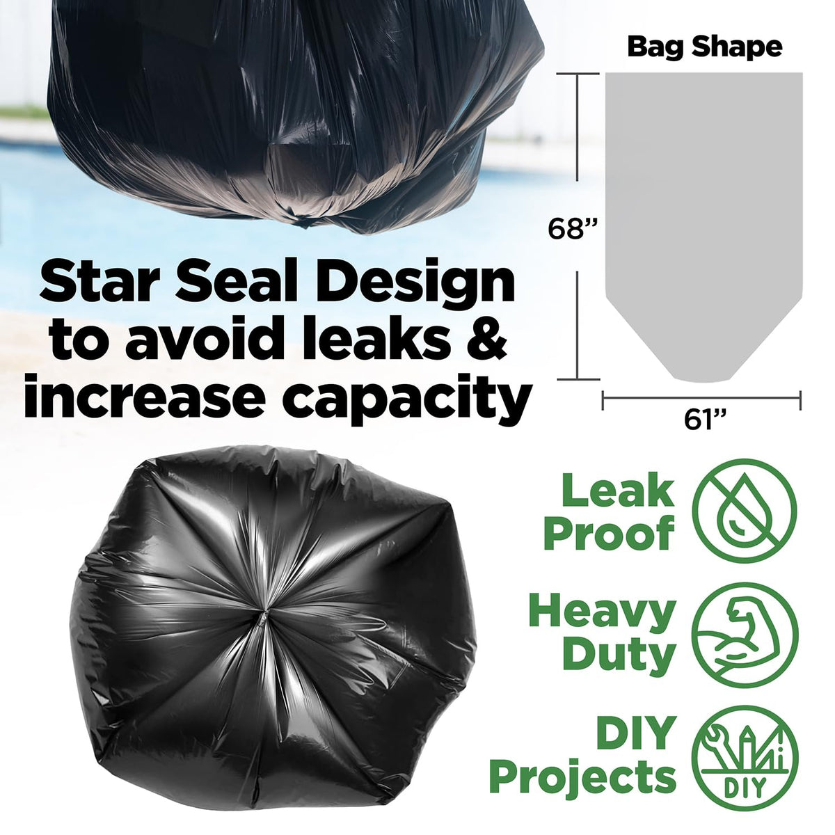 95 Gallon Heavy Duty Contractor Trash Bags, 50 Ct, Black, 1.2 Mil N64578