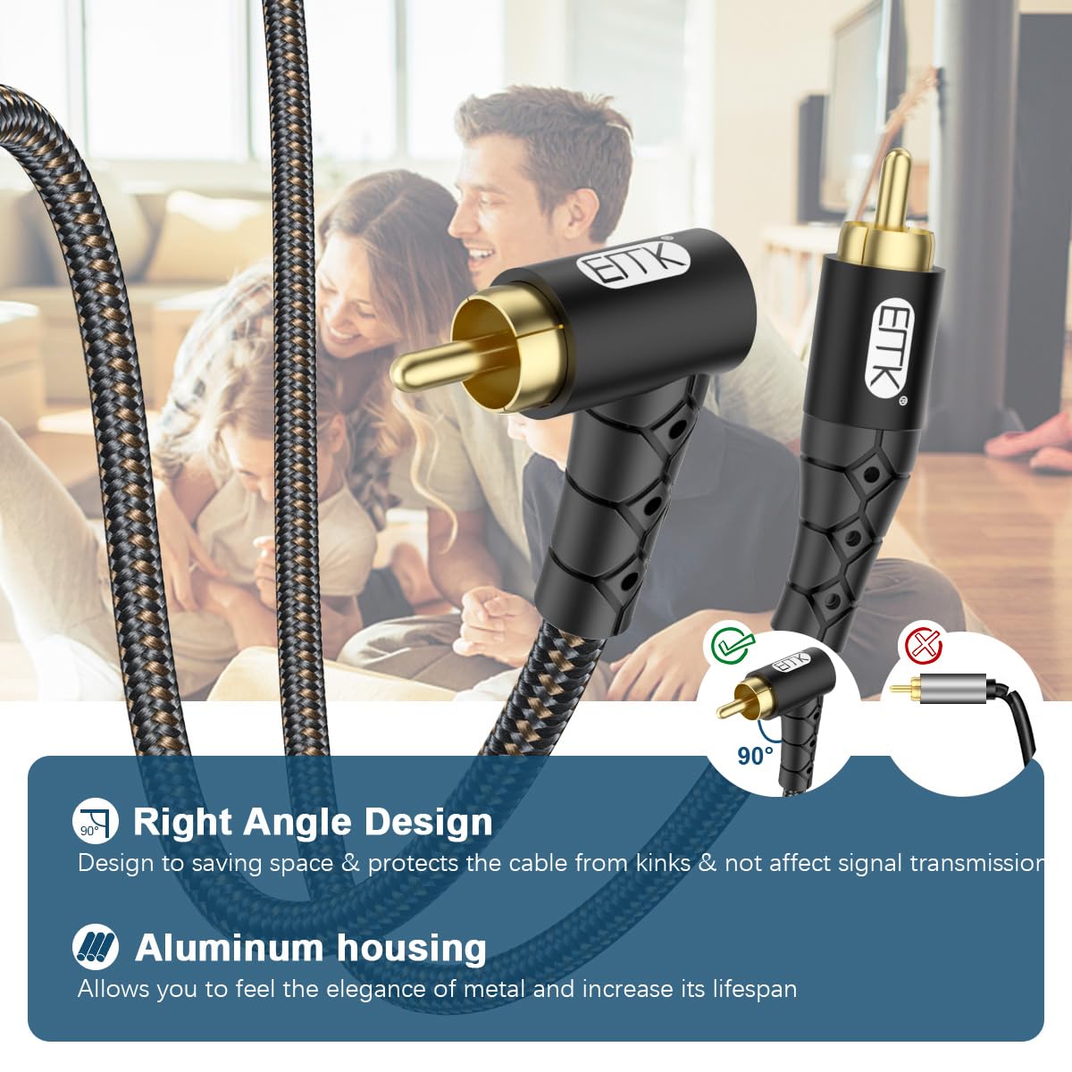90 Degree RCA Subwoofer Cable 24K Gold-Plated Nylon Braided Double Shielded Black 10ft S25130