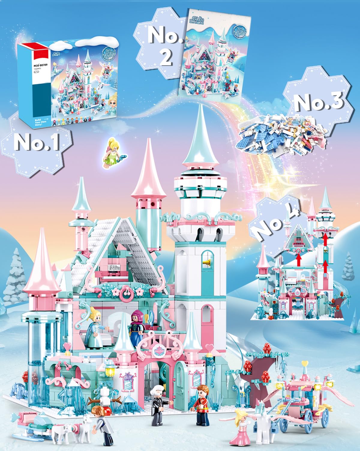 Castle Building Set with Slide, Carriage & Sledge, 9 Minifigures, 1314 PCS X275