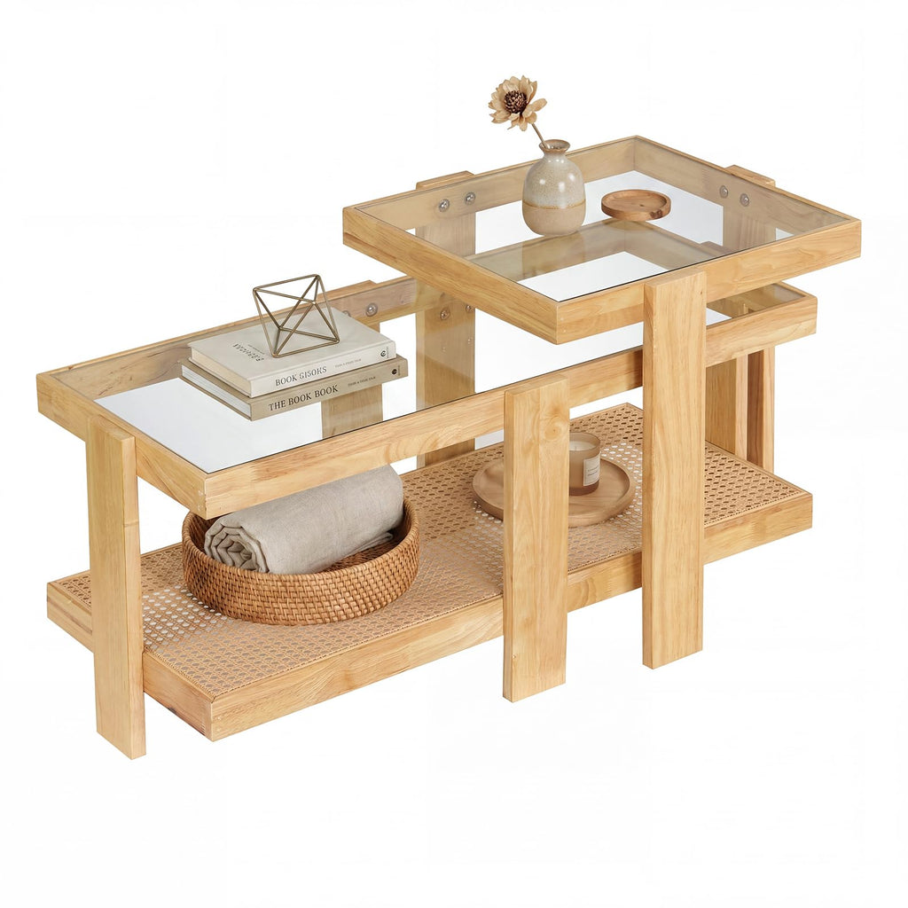 Nesting Coffee Table Set of 2 Rattan Tempered Glass F992
