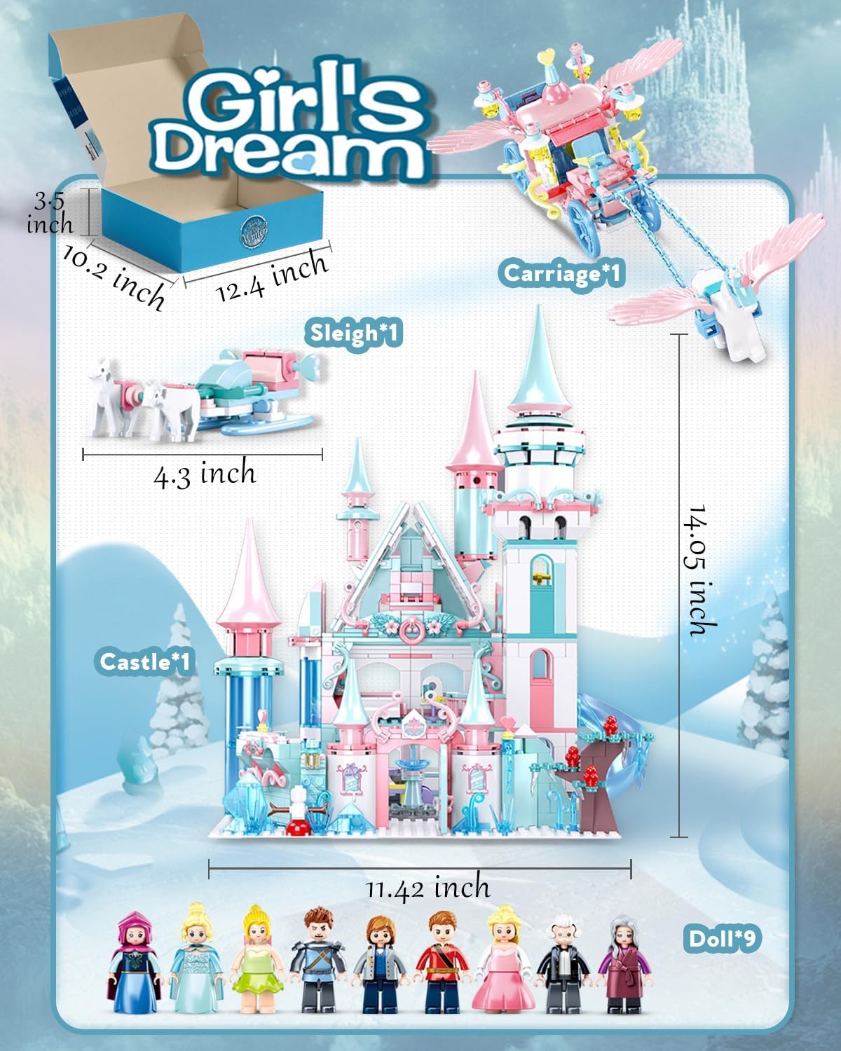 Castle Building Set with Slide, Carriage & Sledge, 9 Minifigures, 1314 PCS X275