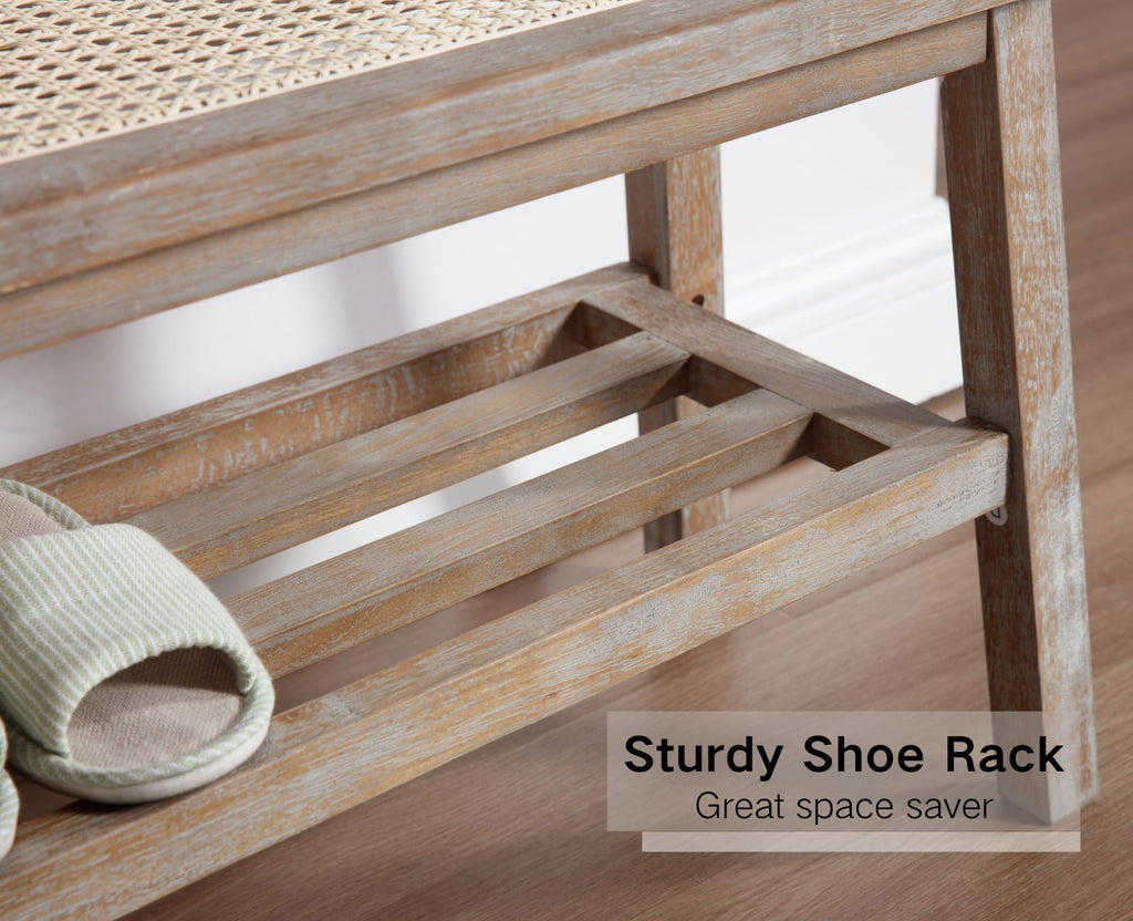 30 Inch Rattan Wooden Entryway Bench with Shoe Rack B75262