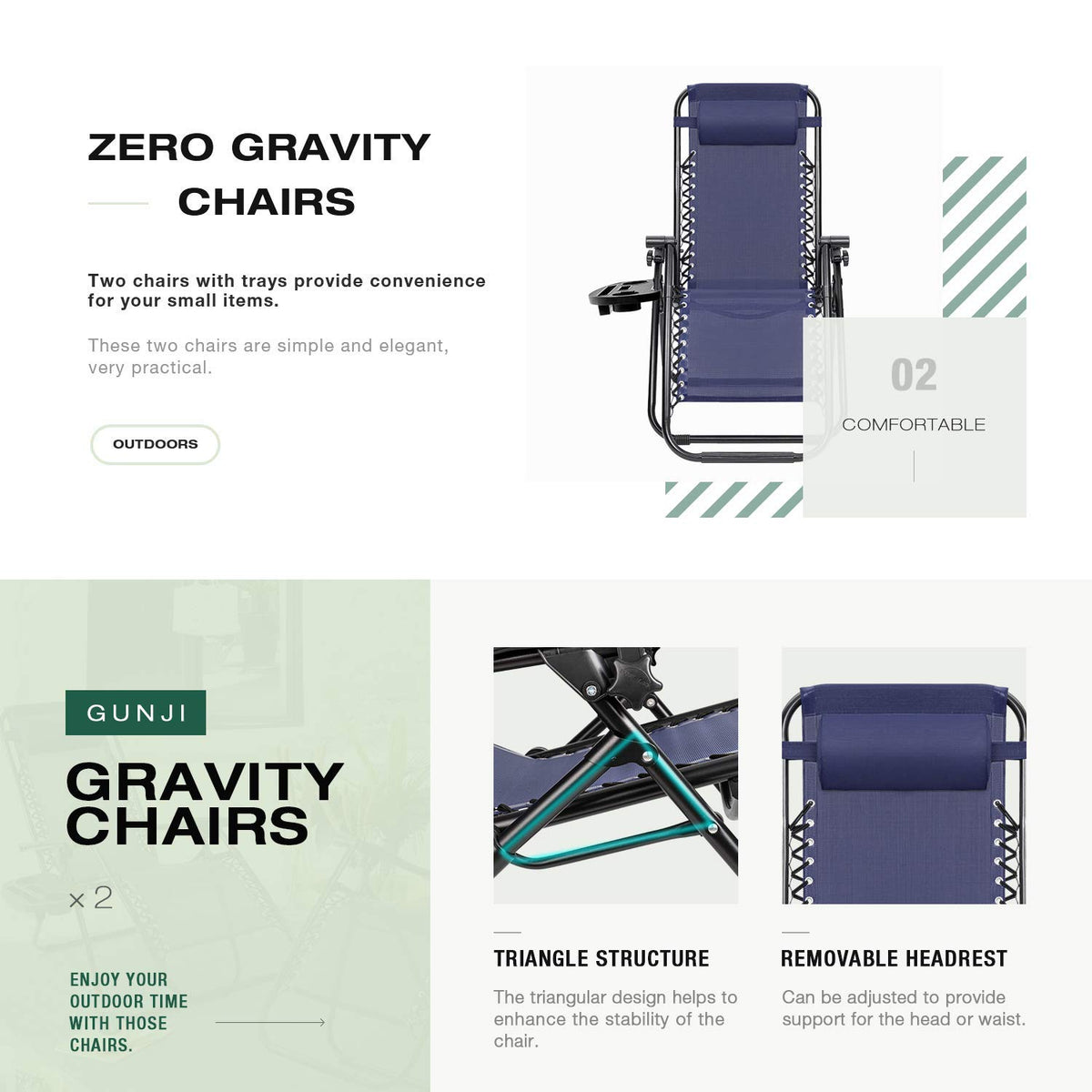 Blue Zero Gravity Folding Lounge Chairs Set of 2 with Cup Holder M3950
