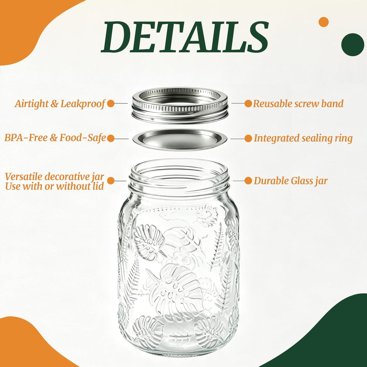 6-Pack Glass Mason Jars 16 oz Wide Mouth Canning Jars A388660