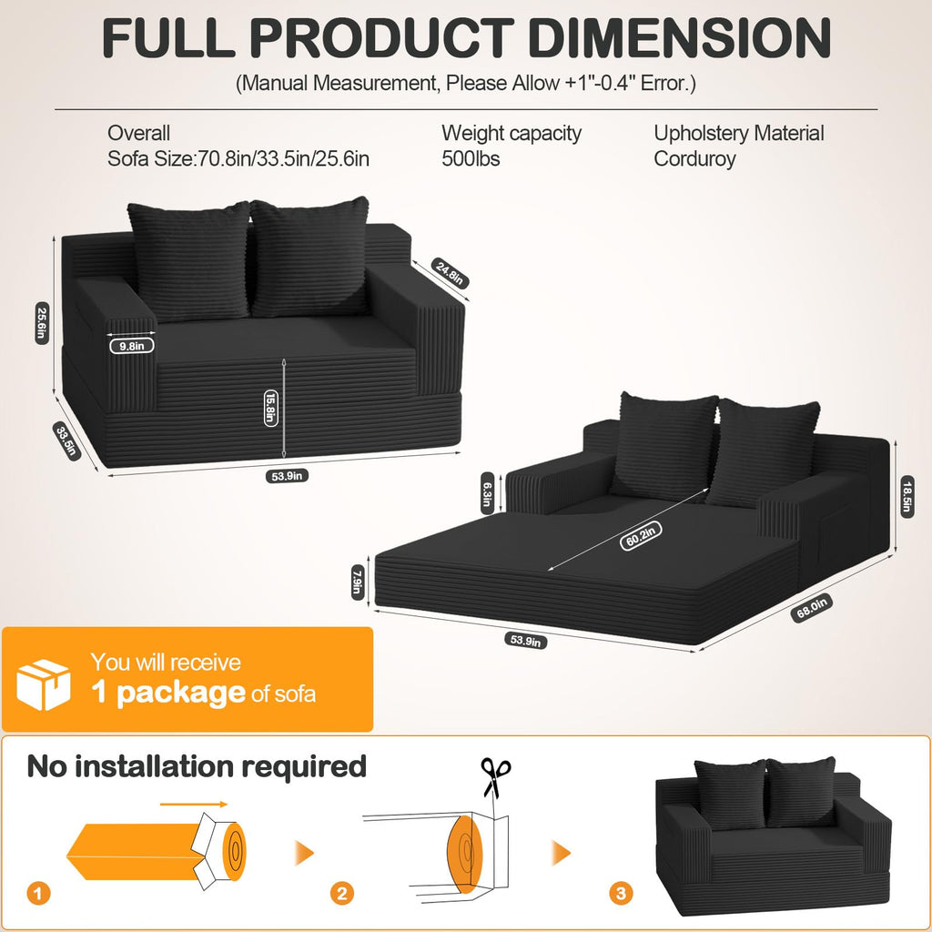 Convertible Folding Floor Futon Sleeper Sofa Bed with 2 Pillows M2057