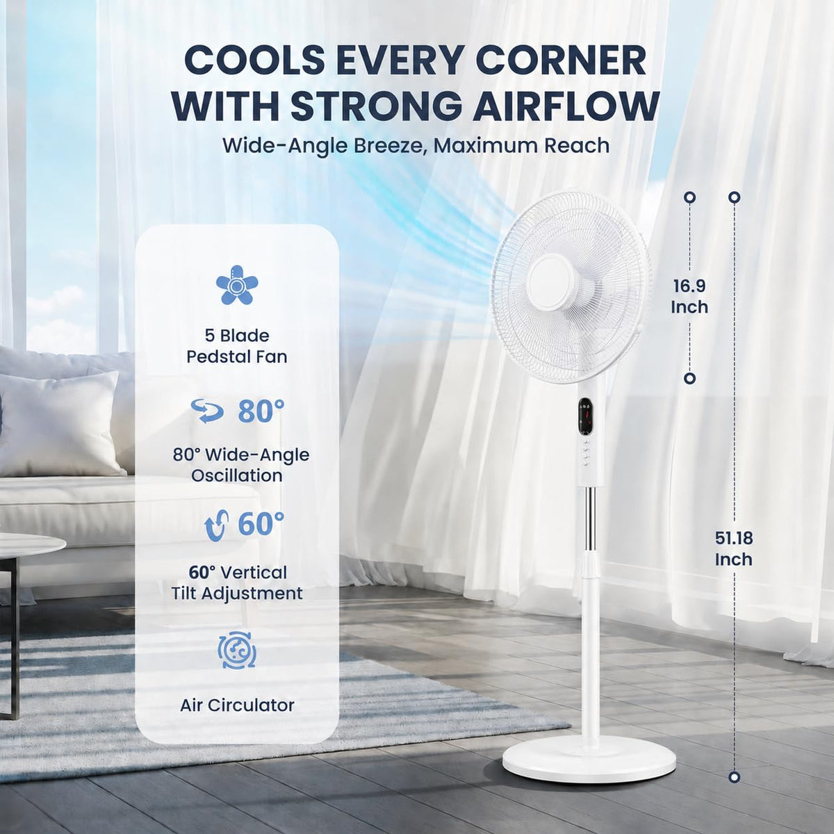 16 inch Quiet Oscillating Pedestal Fan with Adjustable Height & Tilt, White B7513