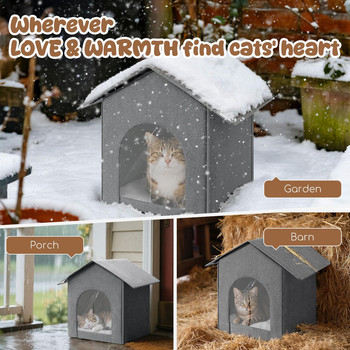 Weatherproof Insulated Outdoor Cat House with Door Curtain and Warm Cushion D435