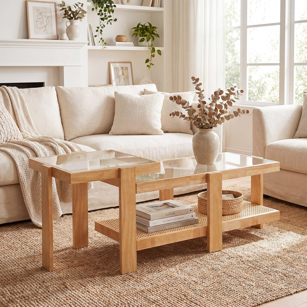 Nesting Coffee Table Set of 2 Rattan Tempered Glass F992