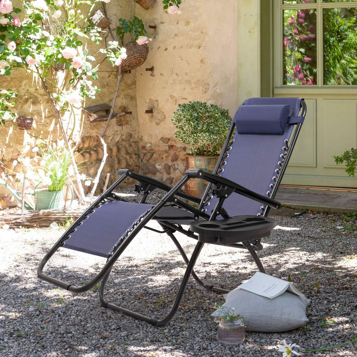 Blue Zero Gravity Folding Lounge Chairs Set of 2 with Cup Holder M3950