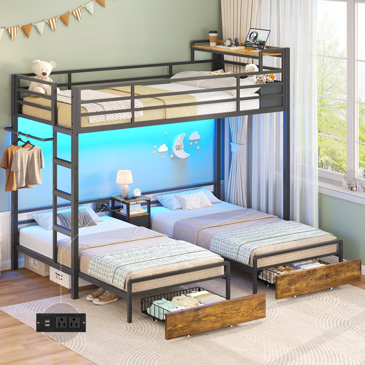 Black Twin Over Twin Triple Bunk Bed with Storage Drawers G183190
