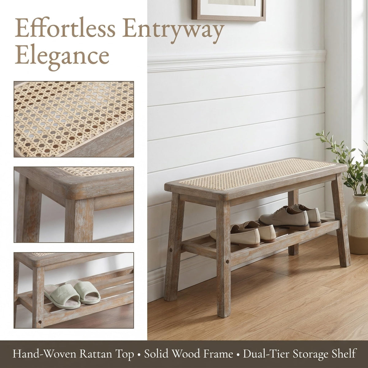 30 Inch Rattan Wooden Entryway Bench with Shoe Rack B75262