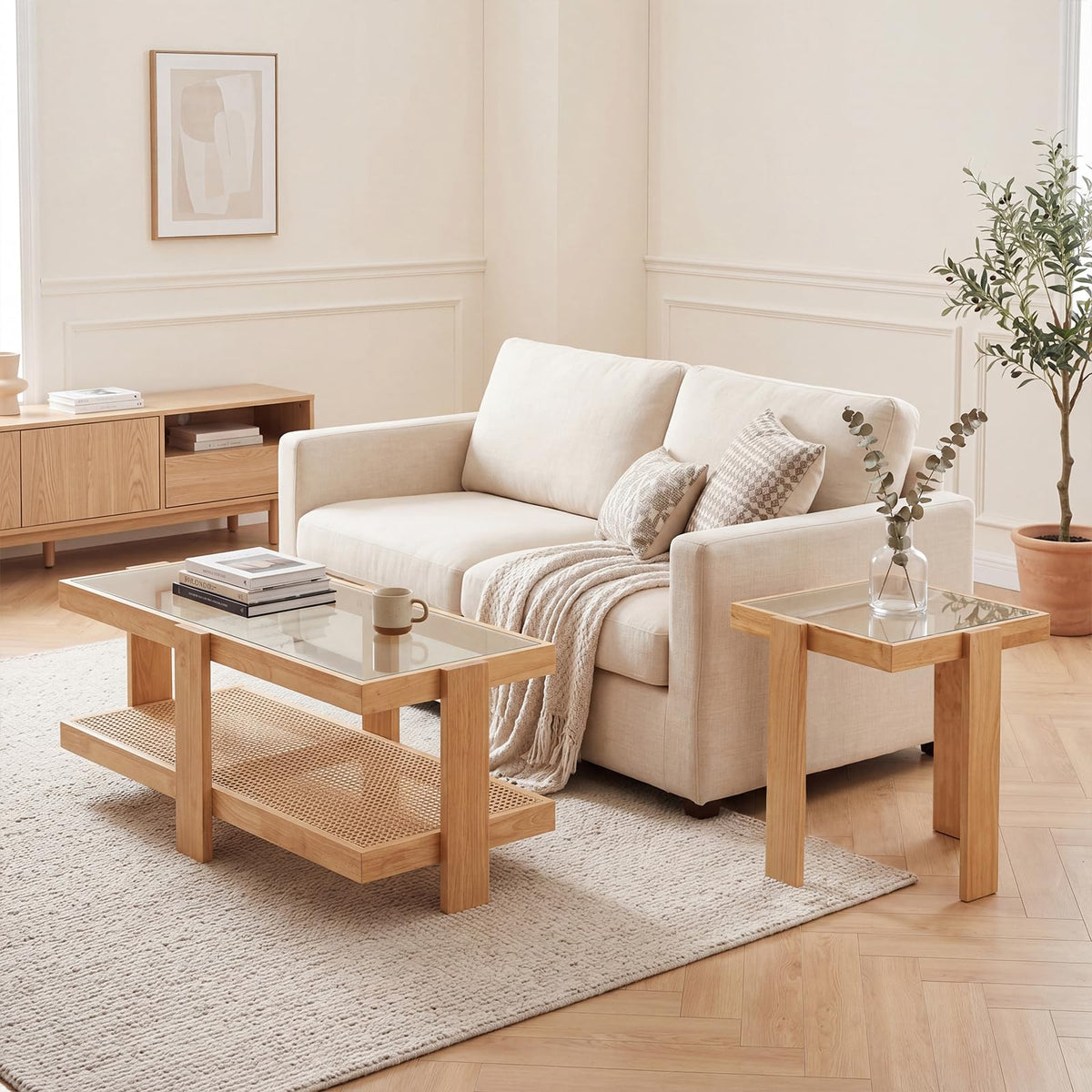 Nesting Coffee Table Set of 2 Rattan Tempered Glass F992