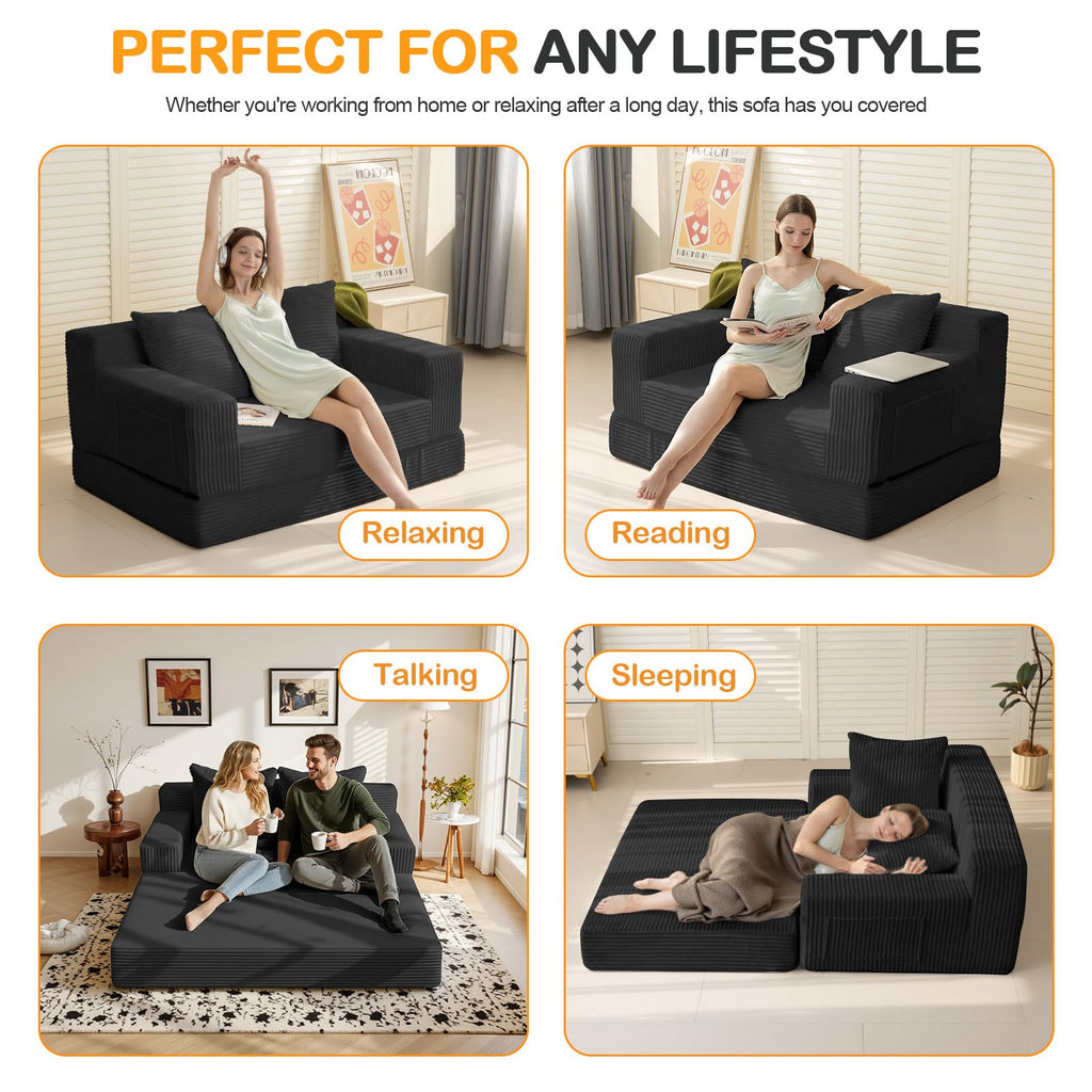 Convertible Folding Floor Futon Sleeper Sofa Bed with 2 Pillows M2057