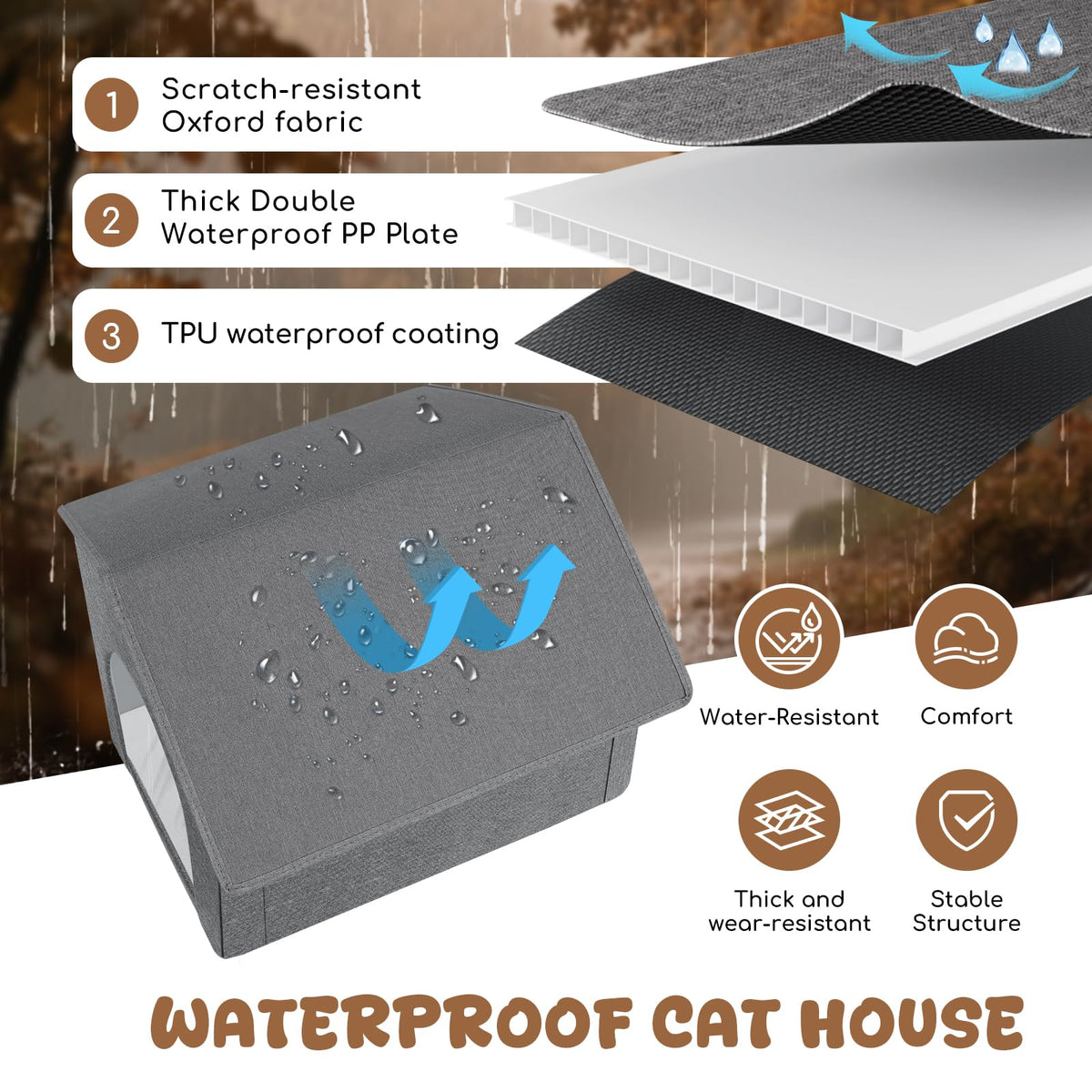 Weatherproof Insulated Outdoor Cat House with Door Curtain and Warm Cushion D435