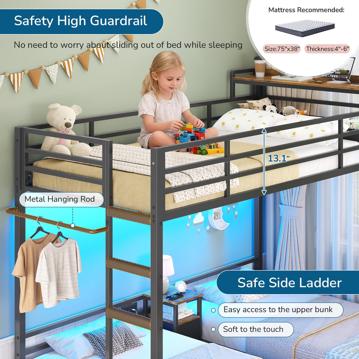 Black Twin Over Twin Triple Bunk Bed with Storage Drawers G183190