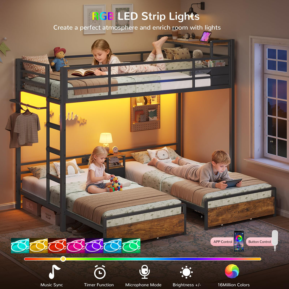 Black Twin Over Twin Triple Bunk Bed with Storage Drawers G183190