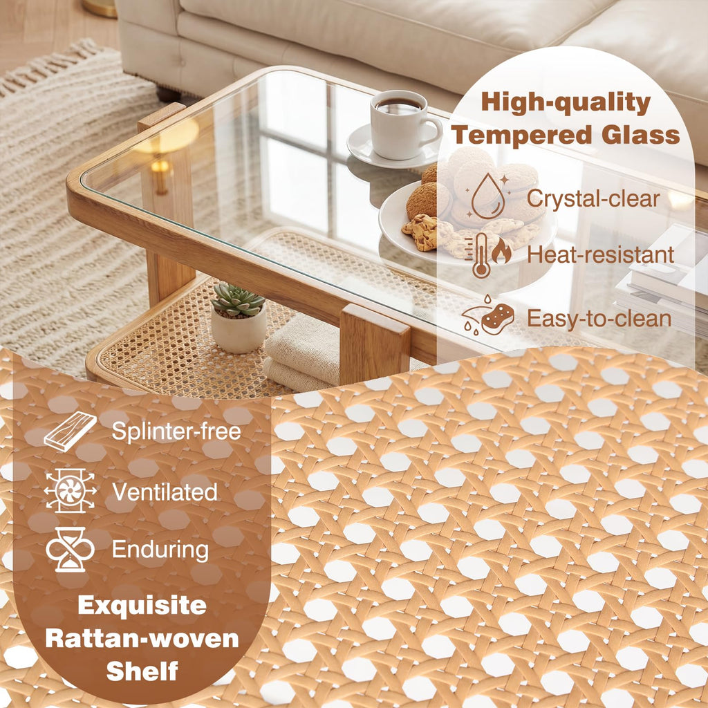Nesting Coffee Table Set of 2 Rattan Tempered Glass F992