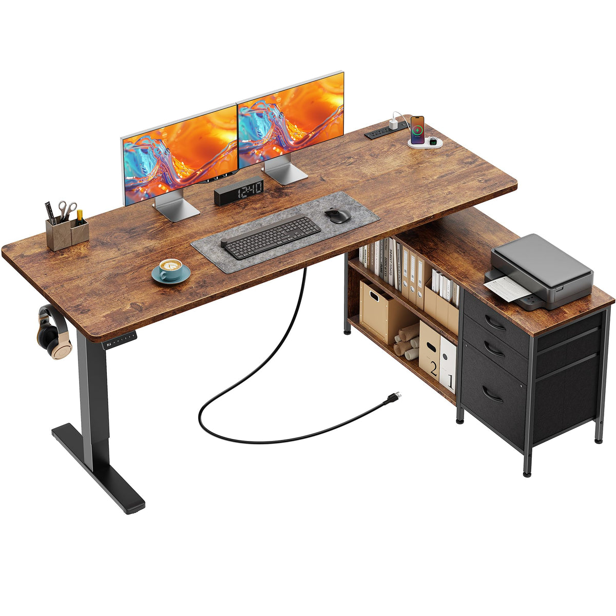 55.1'' L Standing Desk with Outlets, Cabinet, Shelves, Drawers H95108