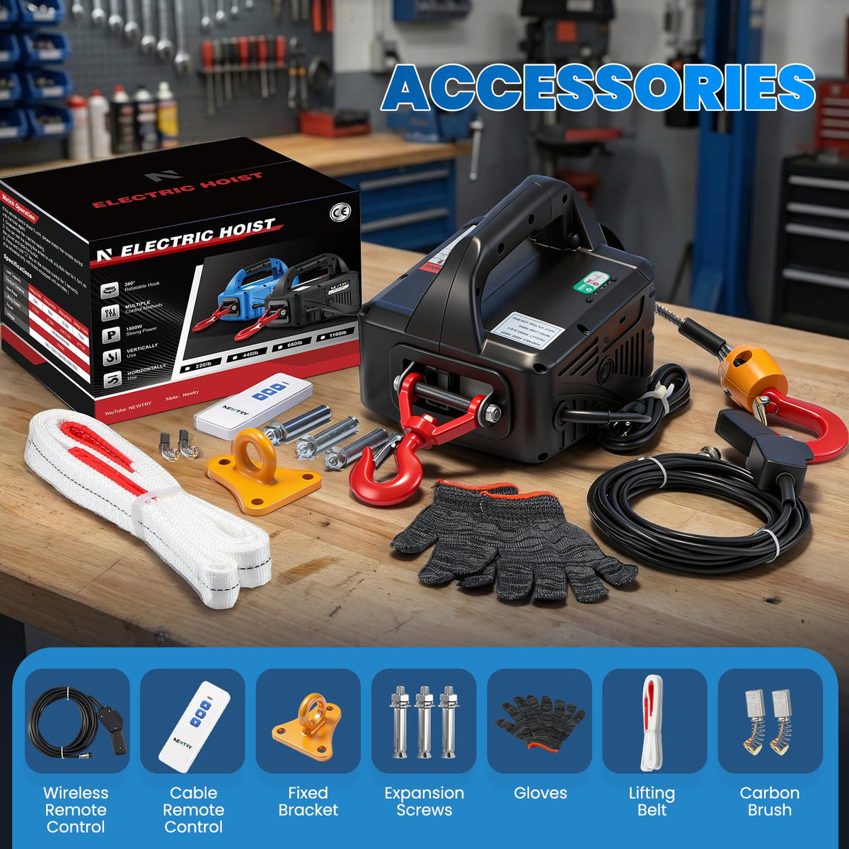 3-in-1 Electric Hoist Winch 1,100lbs 25ft Lifting Height P20670