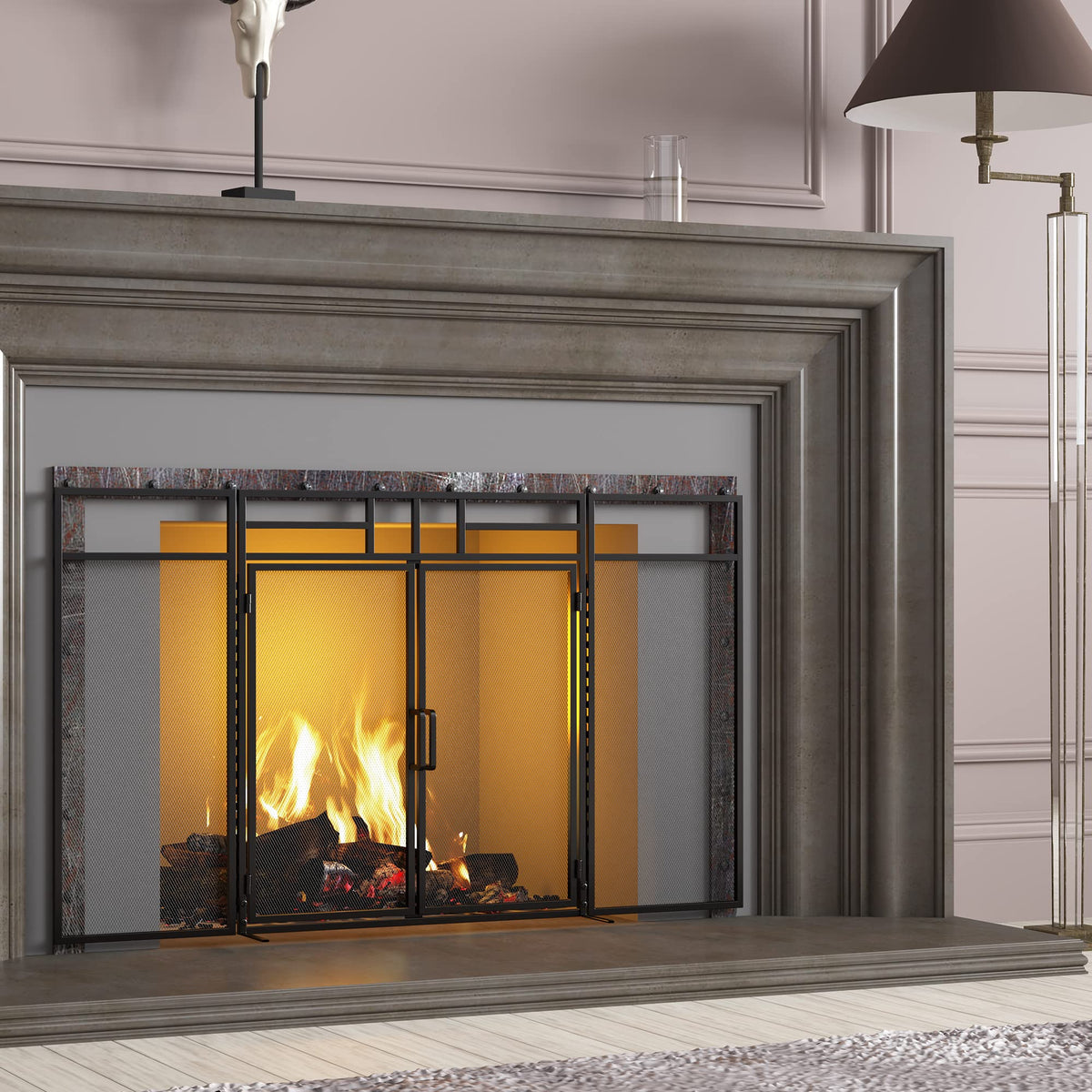 3-Panel Magnetic Fireplace Screen Wrought Iron Spark Guard X870981