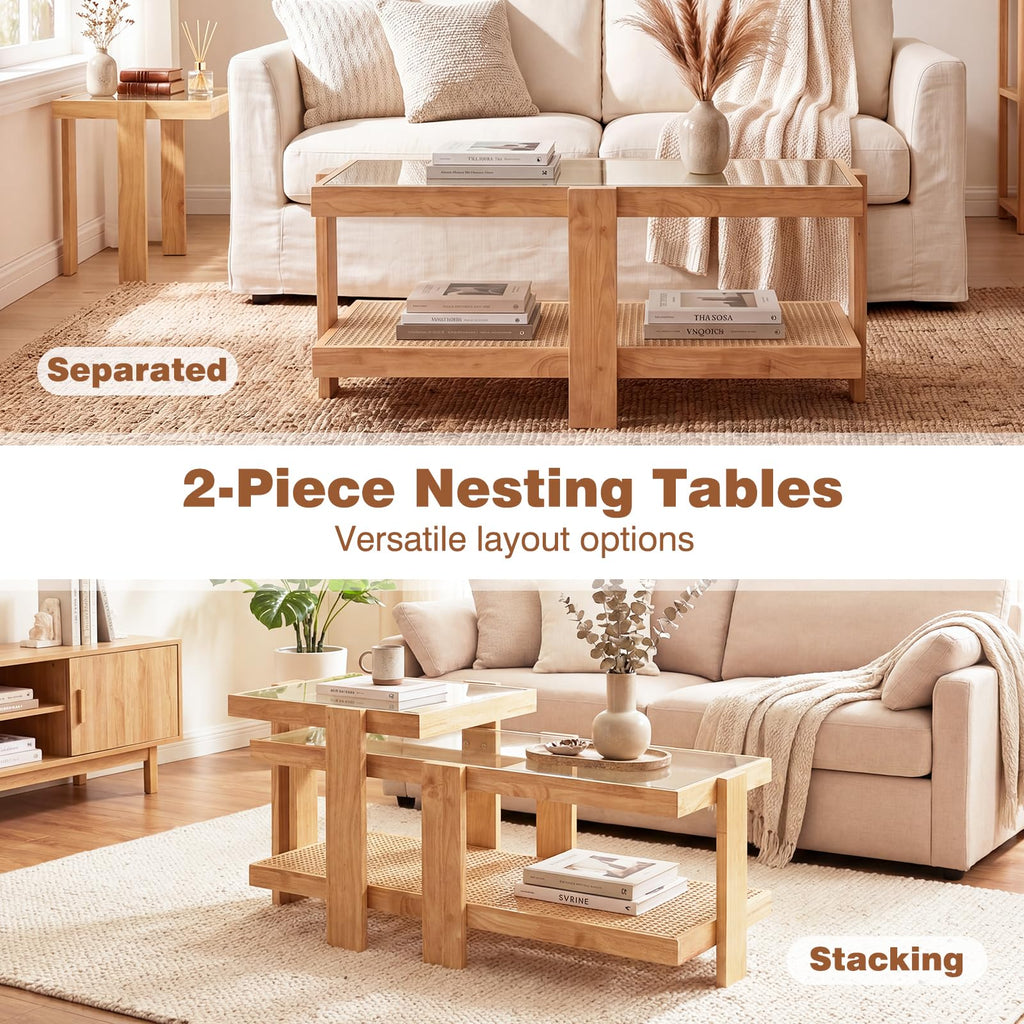 Nesting Coffee Table Set of 2 Rattan Tempered Glass F992