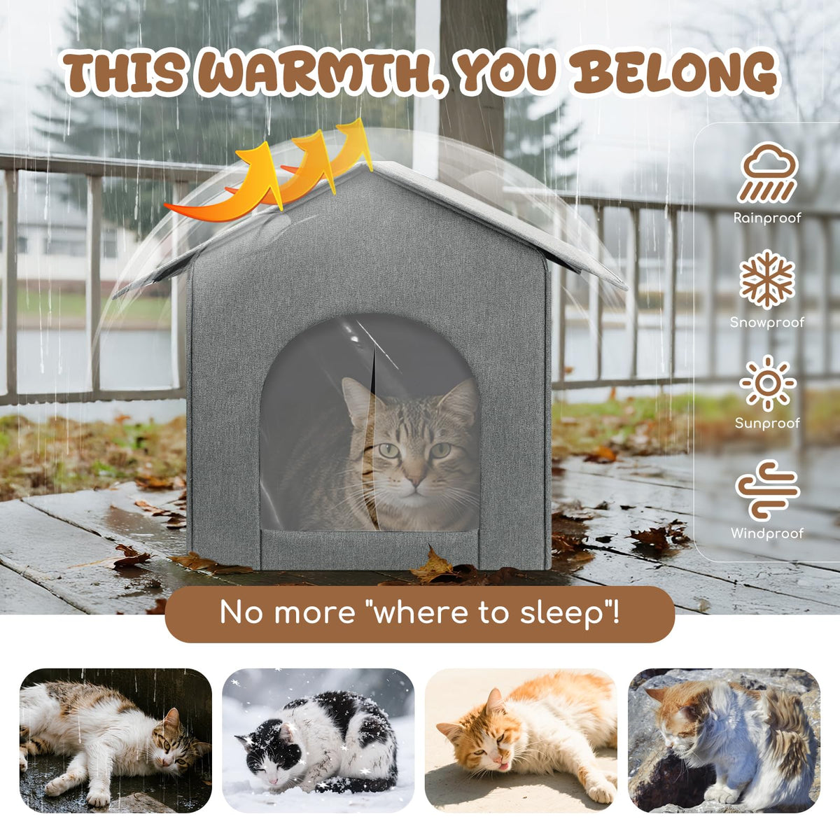 Weatherproof Insulated Outdoor Cat House with Door Curtain and Warm Cushion D435