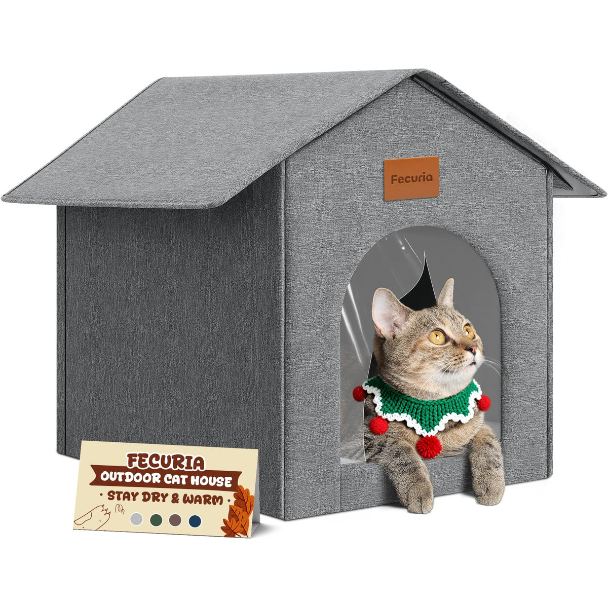 Weatherproof Insulated Outdoor Cat House with Door Curtain and Warm Cushion D435