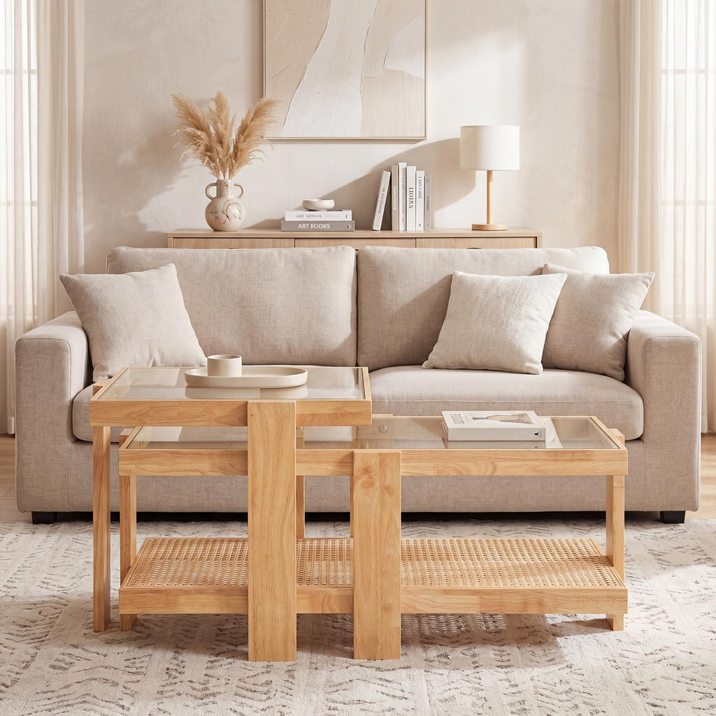 Nesting Coffee Table Set of 2 Rattan Tempered Glass F992