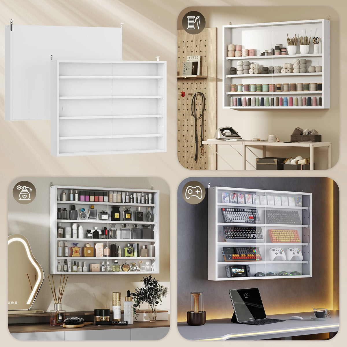 5-Tier Wall Mounted Display Cabinet with Glass Doors White J124