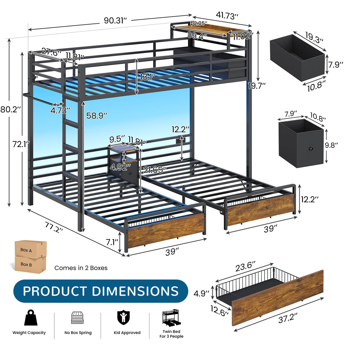 Black Twin Over Twin Triple Bunk Bed with Storage Drawers G183190