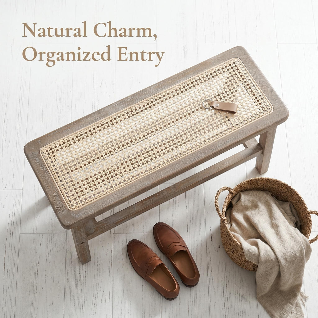 30 Inch Rattan Wooden Entryway Bench with Shoe Rack B75262