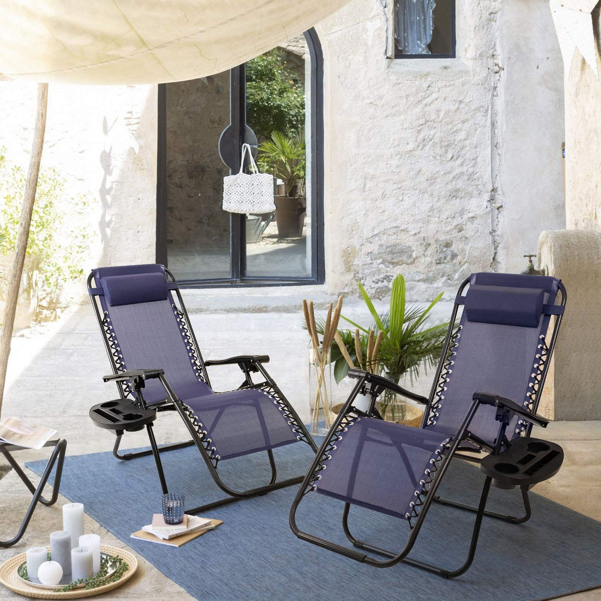 Blue Zero Gravity Folding Lounge Chairs Set of 2 with Cup Holder M3950
