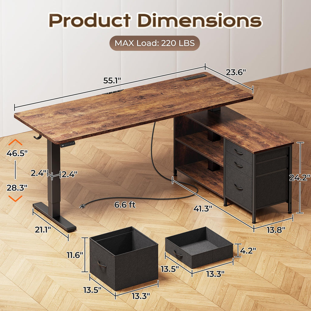 55.1'' L Standing Desk with Outlets, Cabinet, Shelves, Drawers H95108