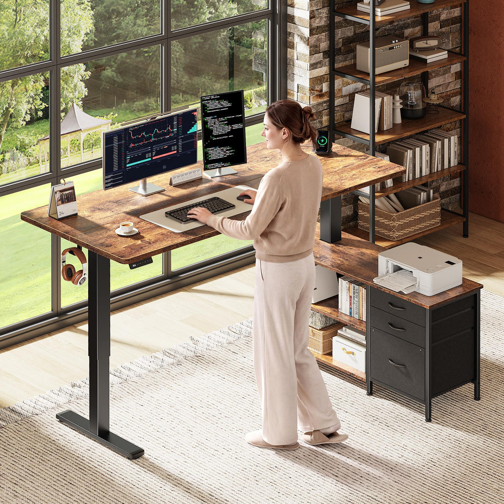 55.1'' L Standing Desk with Outlets, Cabinet, Shelves, Drawers H95108