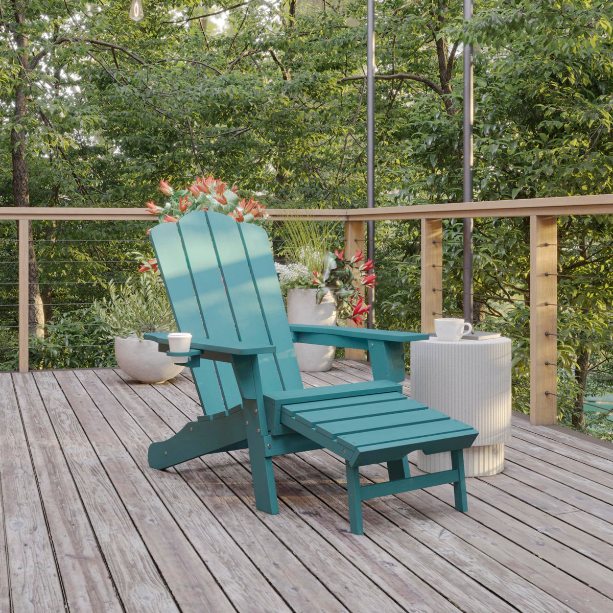 Blue HDPE Adirondack Chair with Cup Holder and Ottoman O557